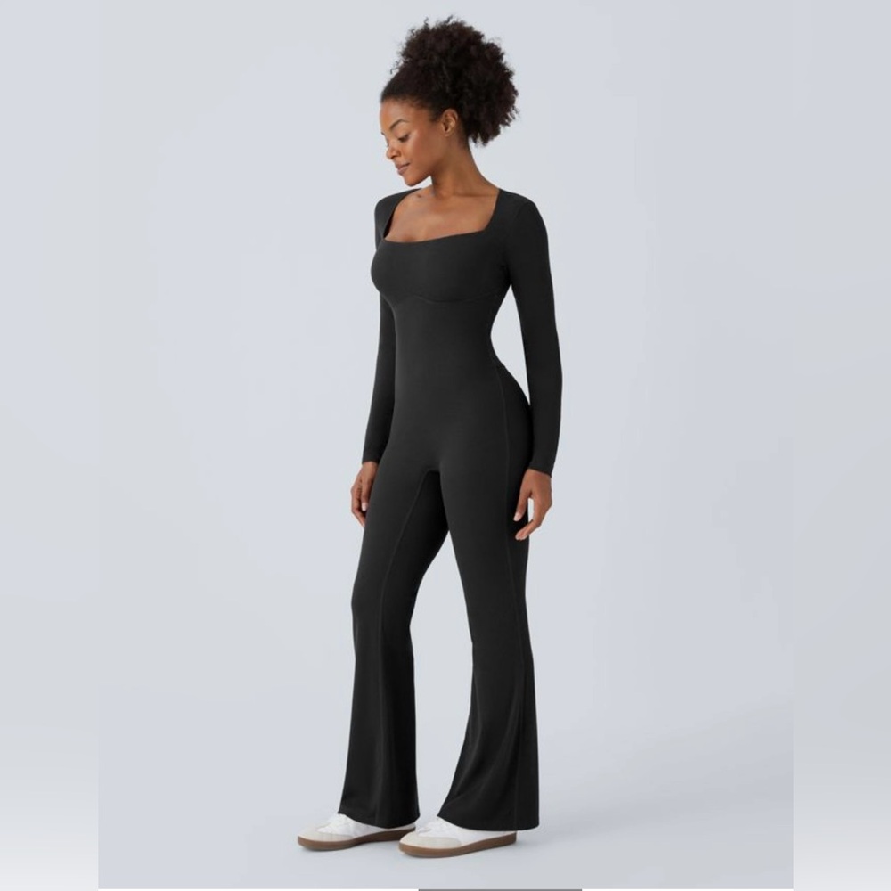 NEW! HALARA Square Neck Long Sleeve Waffle Casual Black Flare Jumpsuit